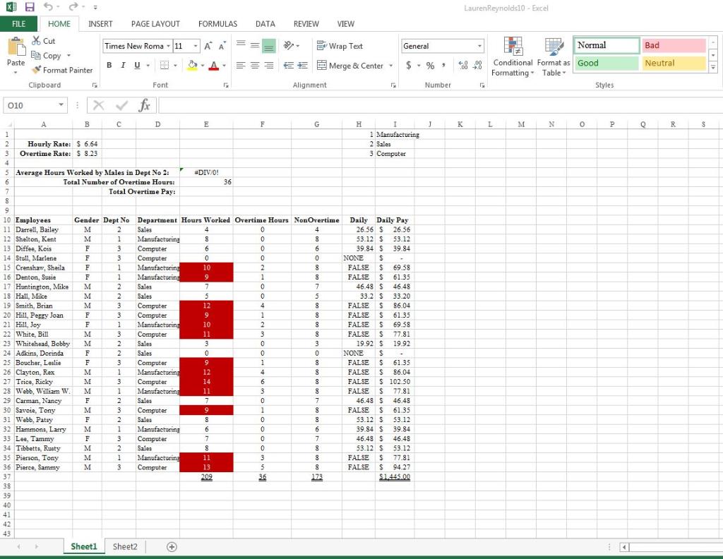 Lauren Reynolds10 - Excel FORMULAS DATA REVIEW VIEW === General Normal Bad Das FILE HOME INSERT PAGE LAYOUT % Cut Times New