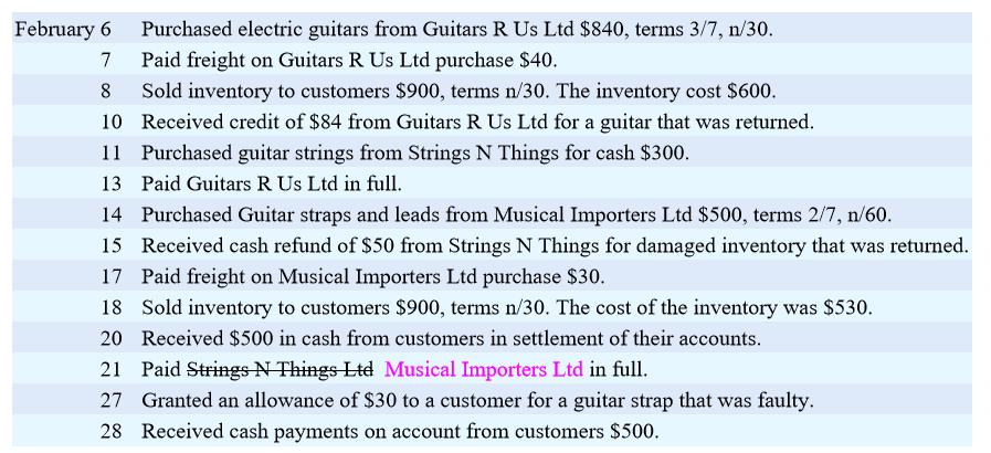 February 6 Purchased electric guitars from Guitars R Us Ltd $840, terms 3/7, n/30. 7 Paid freight on Guitars R Us Ltd purchas
