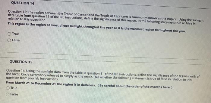 QUESTION 14 Question 13: The region between the Tropic of Cancer and the Tropic of Capricom is commonly known as the tropics.