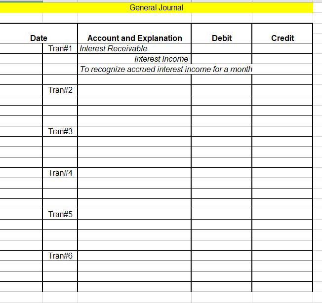 General Journal Credit Date Account and Explanation Debit Tran#1 Interest Receivable Interest Income To recognize accrued int
