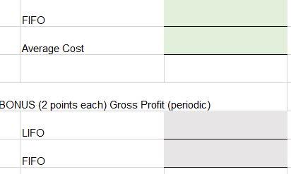 FIFO Average Cost BONUS (2 points each) Gross Profit (periodic) LIFO FIFO