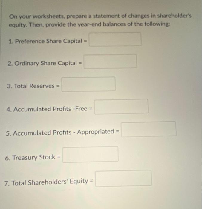 On your worksheets, prepare a statement of changes in shareholders equity. Then, provide the year-end balances of the follow
