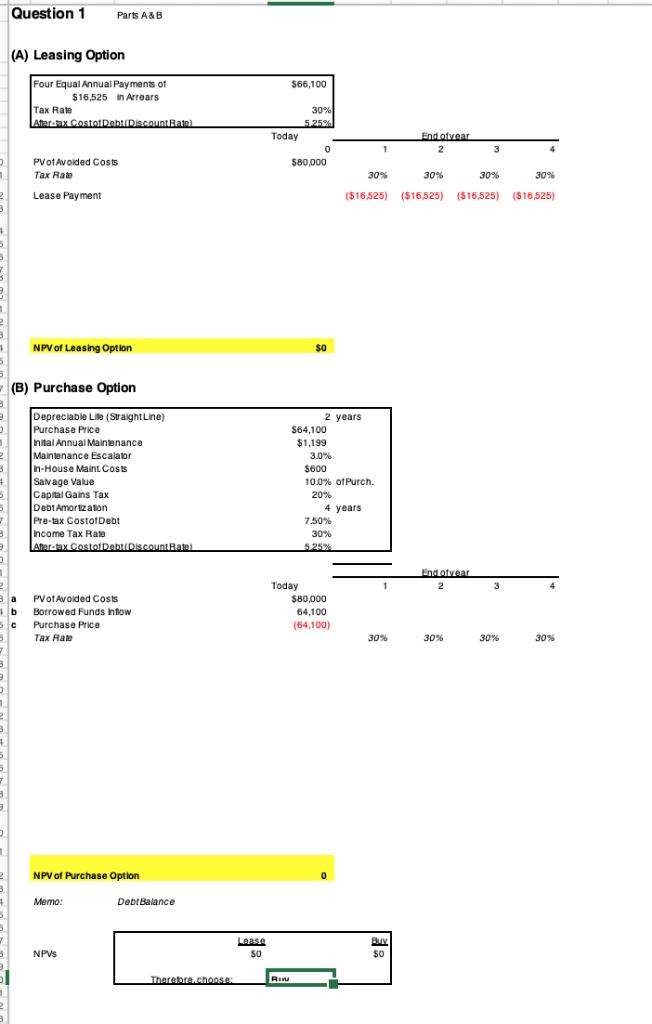 Question 1 Parts A&B (A) Leasing Option Four Equal Annual Payments of $66,100 16,525 in Arrears Tax Rate 30% Today PVotAvoide