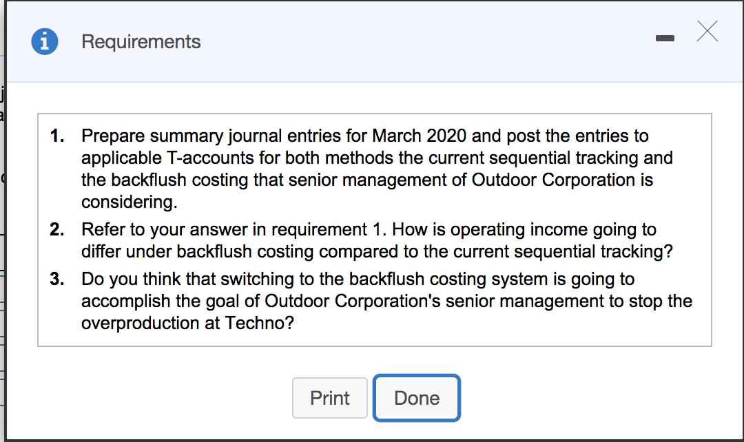 Requirements 1. Prepare summary journal entries for March 2020 and post the entries to applicable T-accounts for both methods