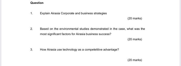 Question 1. Explain Airasia Corporate and business strategies (20 marks) 2. Based on the environmental studies demonstrated i