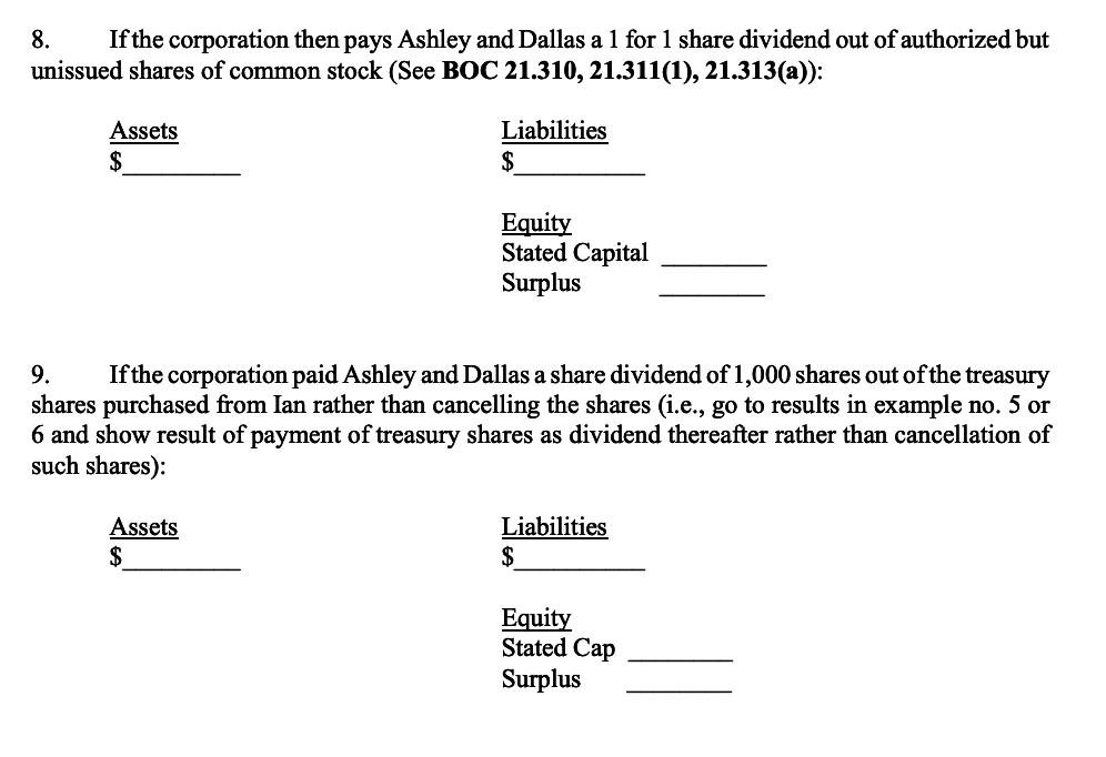8. If the corporation then pays Ashley and Dallas a 1 for 1 share dividend out of authorized but unissued shares of common st