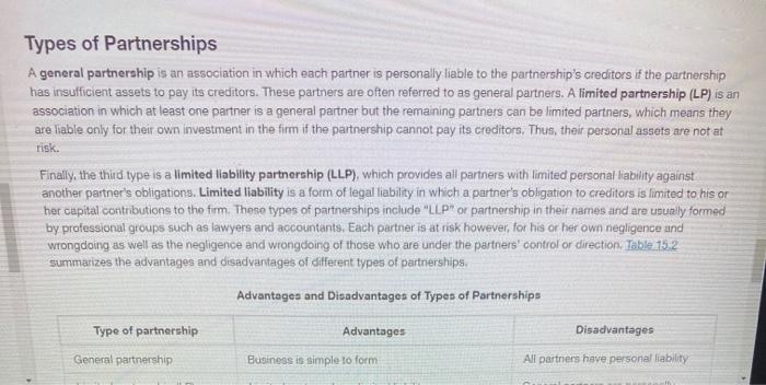 Types of Partnerships A general partnership is an association in which each partner is personally liable to the partnerships