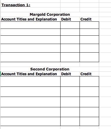 Transaction 1 Margold Corporation Account Titles and Explanation Debit Credit Second Corporation Account Titles and Explanati