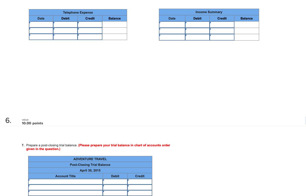 Telephone Expense Debit Credit Income Summary Debit Credit Date Balance Date Balance 6. value: 10.00 points 7. Prepare a post