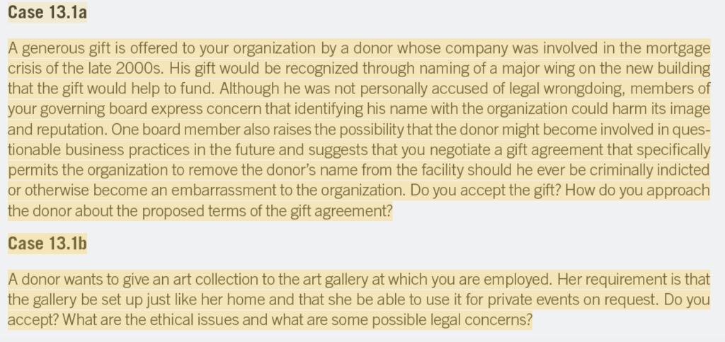 Case 13.1a A generous gift is offered to your organization by a donor whose company was involved in the mortgage crisis of th
