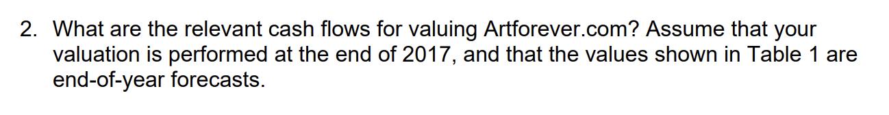 2. What are the relevant cash flows for valuing Artforever.com? Assume that yourvaluation is performed at the end of 2017, a