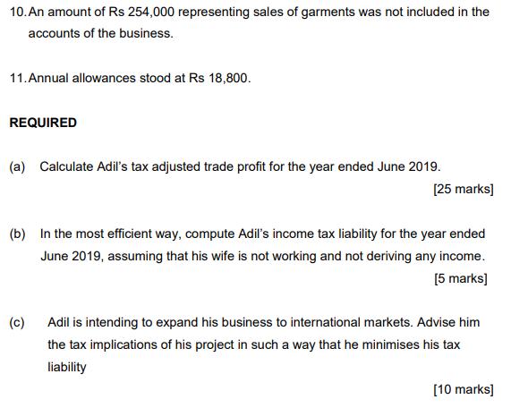 10. An amount of Rs 254,000 representing sales of garments was not included in the accounts of the business. 11. Annual allow
