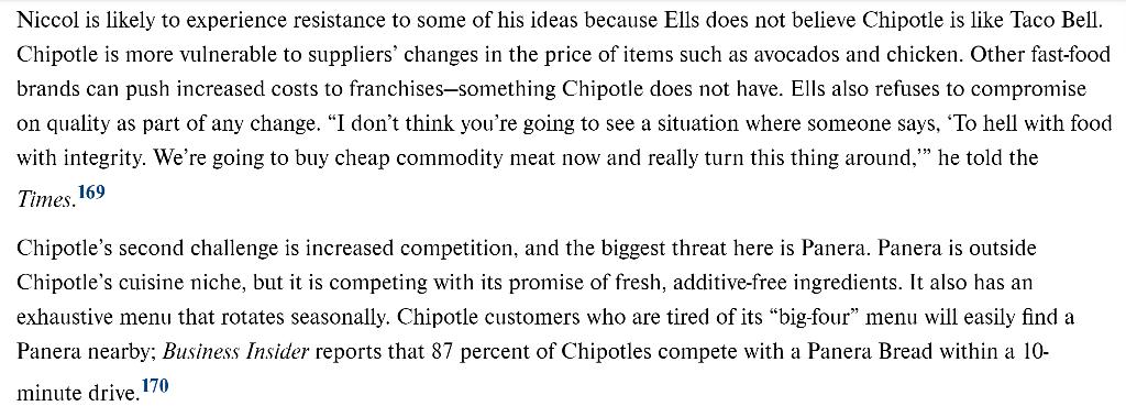 Niccol is likely to experience resistance to some of his ideas because Ells does not believe Chipotle is like Taco Bell. Chip
