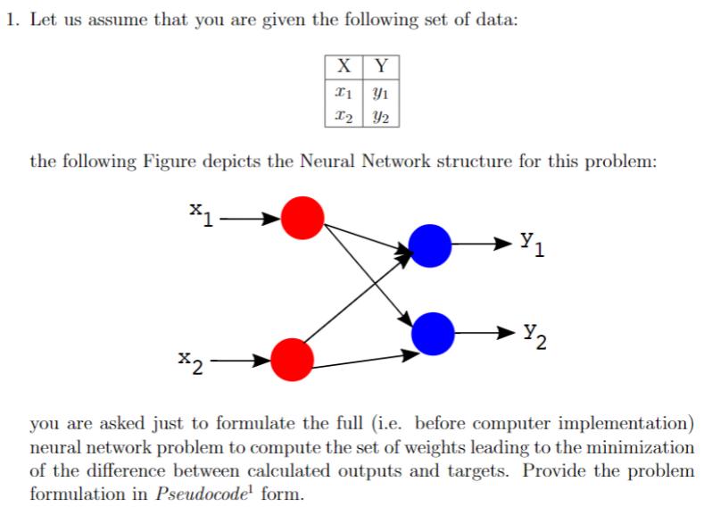 1. Let us assume that you are given the following set of data: X Y 11 41 12 Y2 the following Figure depicts the Neural Networ