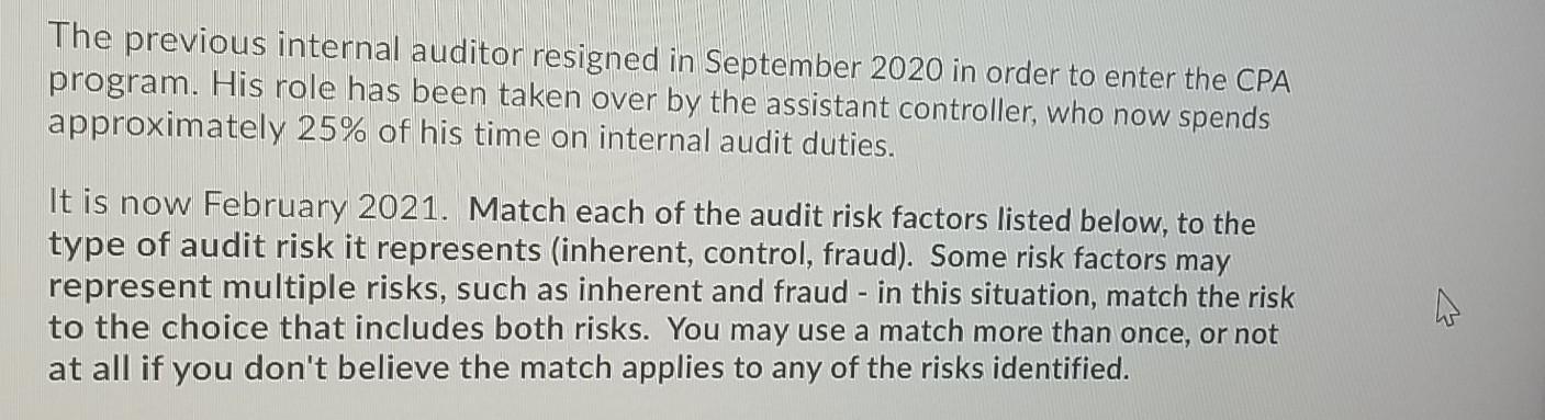 The previous internal auditor resigned in September 2020 in order to enter the CPA program. His role has been taken over by t