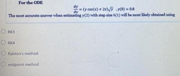 For the ODE dy - (y cos(x) + 2x)/ y(0) = 0.8