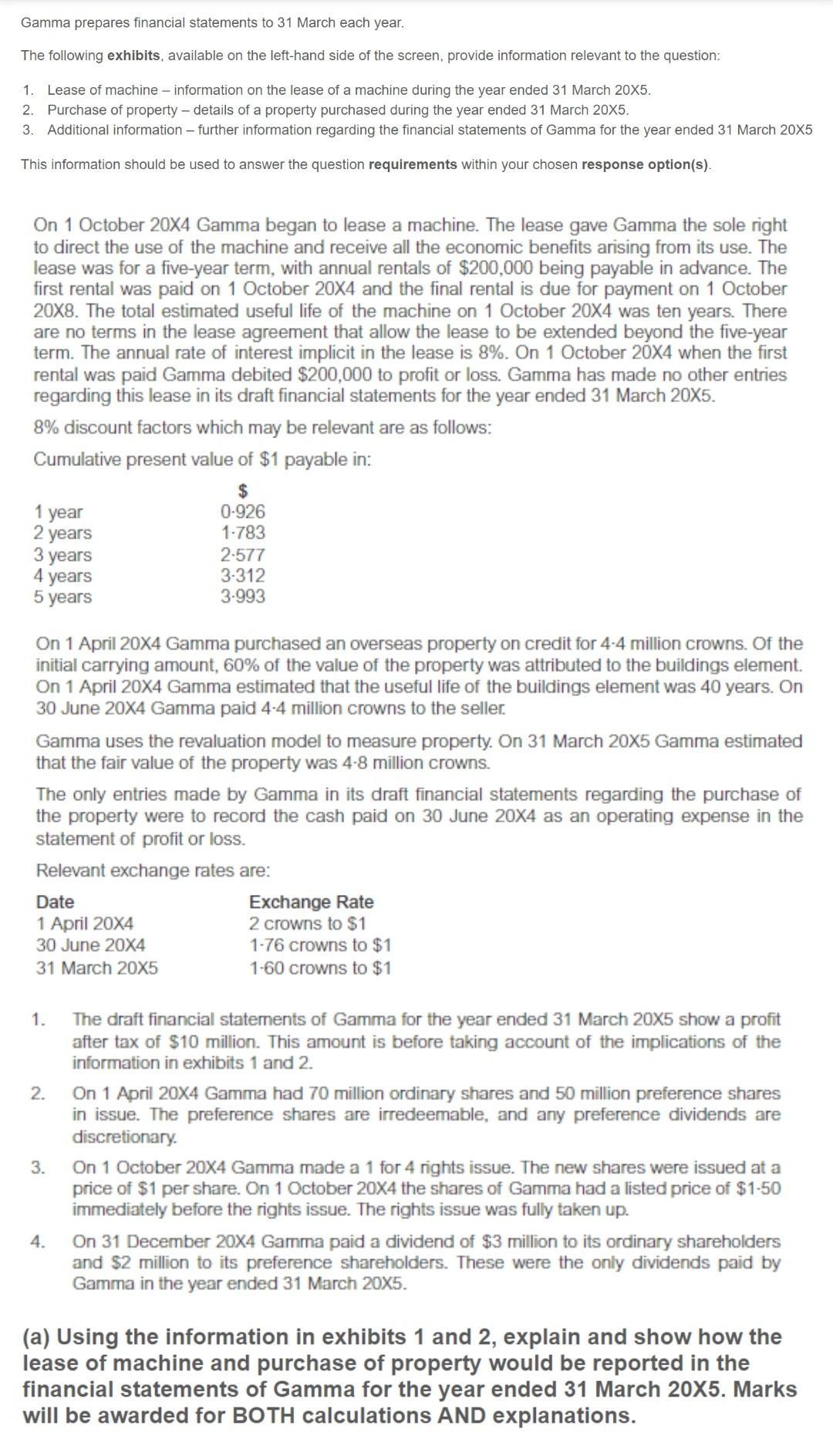 Gamma prepares financial statements to 31 March each year. The following exhibits, available on the left-hand side of the scr