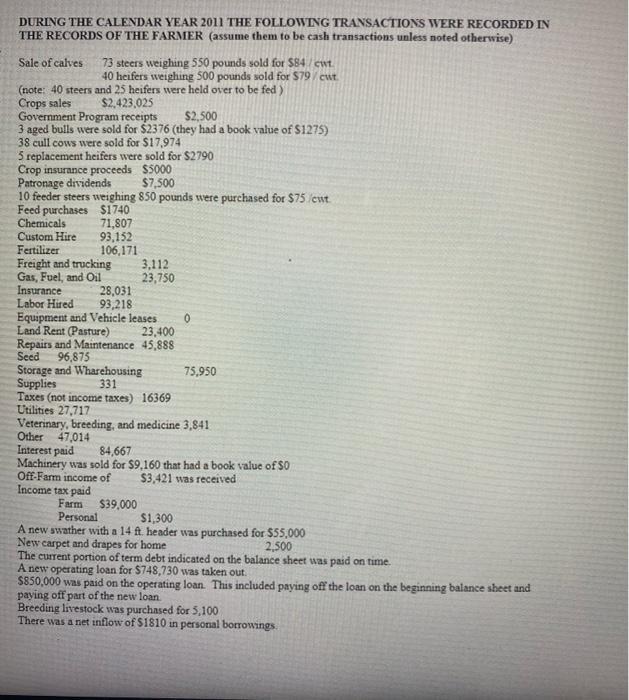 DURING THE CALENDAR YEAR 2011 THE FOLLOWING TRANSACTIONS WERE RECORDED IN THE RECORDS OF THE FARMER (assume them to be cash t