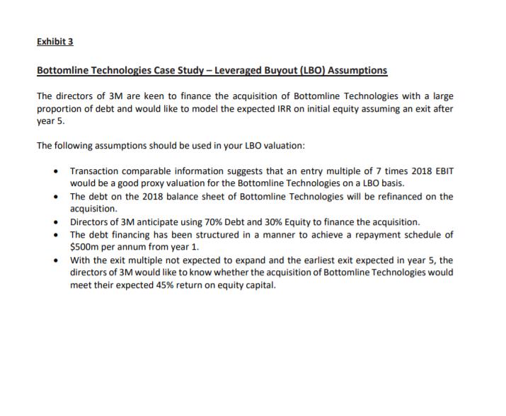 Exhibit 3 Bottomline Technologies Case Study - Leveraged Buyout (LBO) Assumptions The directors of 3M are keen to finance the