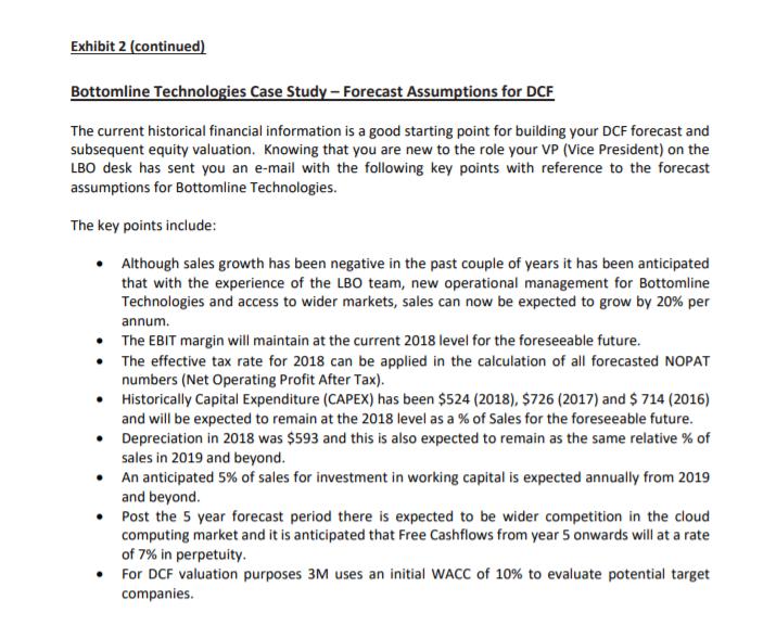 Exhibit 2 (continued) Bottomline Technologies Case Study - Forecast Assumptions for DCF The current historical financial info