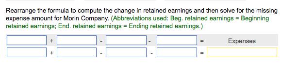 Rearrange the formula to compute the change in retained earnings and then solve for the missing expense amount for Morin Company. (Abbreviations used: Beg. retained earnings Beginning retained earnings; End. retained earnings Ending retained earnings.) Expenses