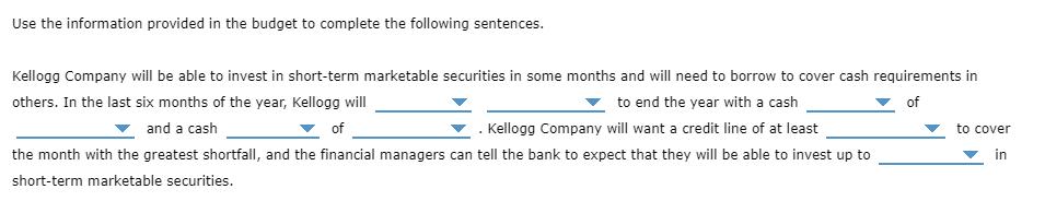 Use the information provided in the budget to complete the following sentences. Kellogg Company will be able to invest in sho