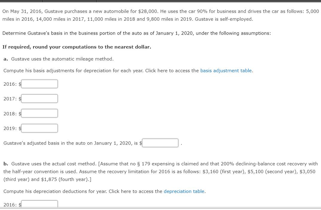On May 31, 2016, Gustave purchases a new automobile for $28,000. He uses the car 90% for business and drives the car as follo