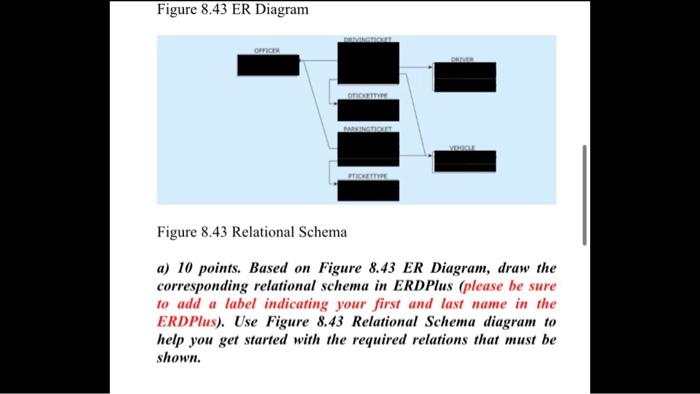 Figure 8.43 ER Diagram DRENGTE OFFICER Figure 8.43 Relational Schema a) 10 points. Based on Figure 8.43 ER Diagram, draw the