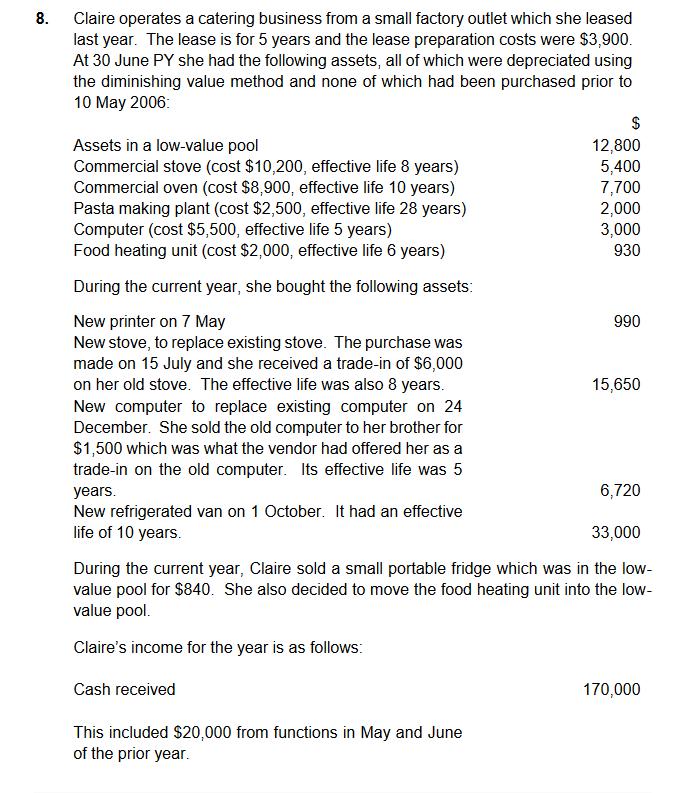 8. Claire operates a catering business from a small factory outlet which she leased last year. The lease is for 5 years and t