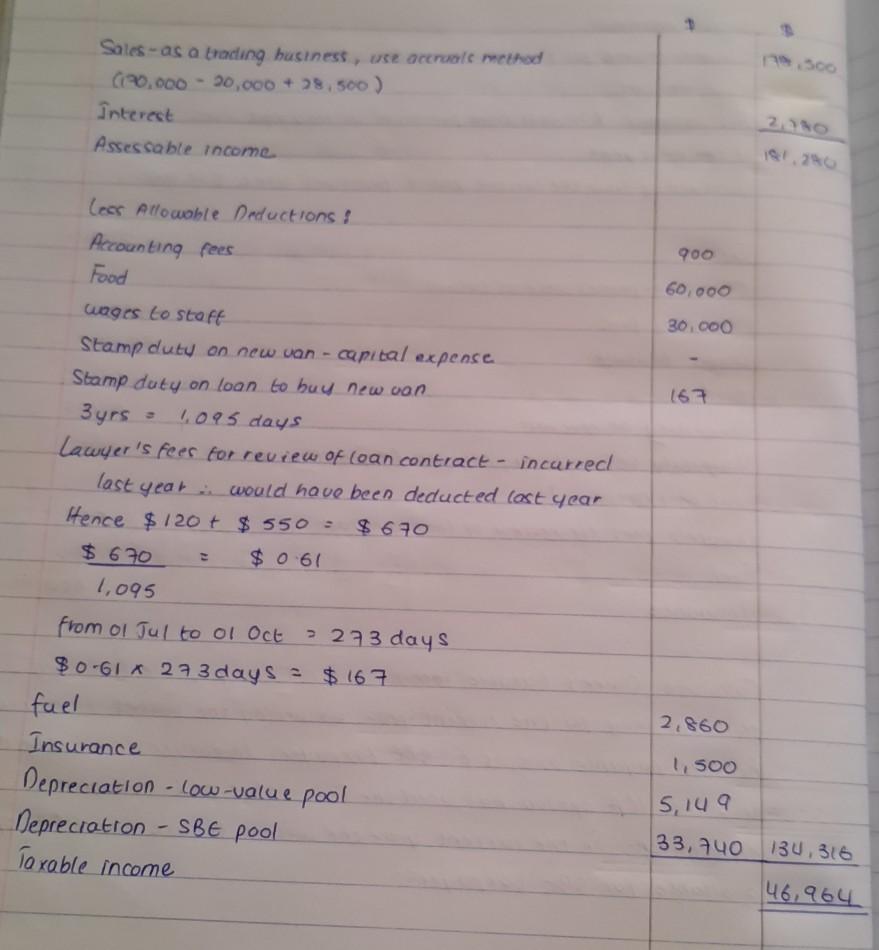 300 Sales -as a trading business, use accruale method (10,000 - 20.000 + 8.500 ) Interest Assessable income 2.30 900 60,000 3