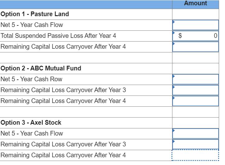 Amount Option 1 - Pasture Land Net 5 - Year Cash Flow Total Suspended Passive Loss After Year 4 Remaining Capital Loss Carryo