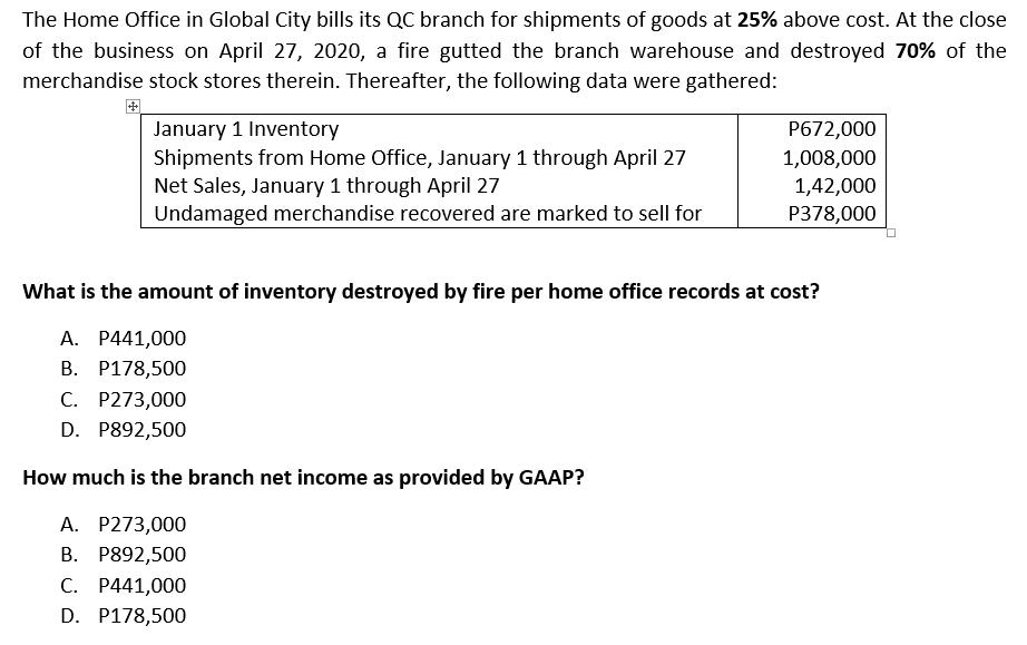 The Home Office in Global City bills its QC branch for shipments of goods at 25% above cost. At the close of the business on