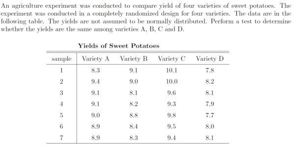 An agriculture experiment was conducted to compare yield of four varieties of sweet potatoes. The experiment was conducted in