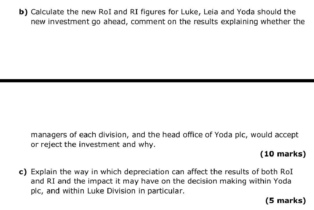 b) Calculate the new Rol and RI figures for Luke, Leia and Yoda should the new investment go ahead, comment on the results ex