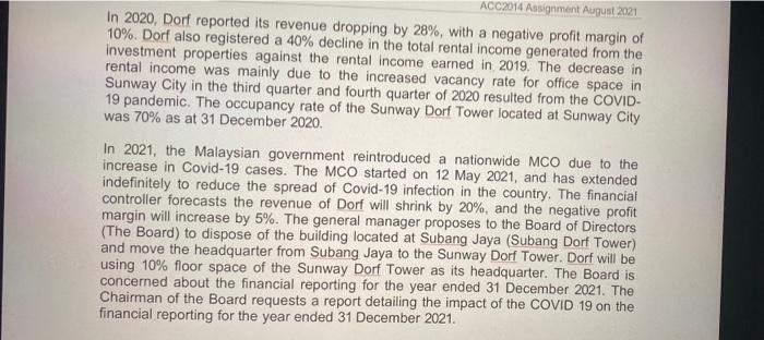 ACC2014 Assignment August 2021 In 2020, Dorf reported its revenue dropping by 28%, with a negative profit margin of 10%. Dorf