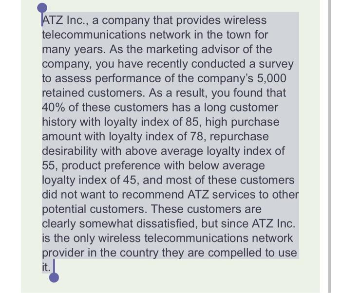 ATZ Inc., a company that provides wirelesstelecommunications network in the town formany years. As the marketing advisor of