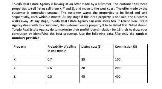 Toledo Real Estate Agency is looking at an offer made by a customer. The customer has three properties to sell (let us call t