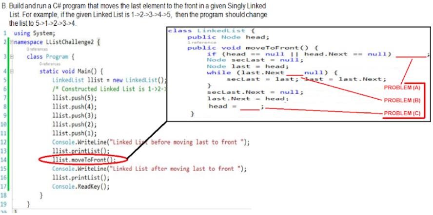 B. Build and run a C# program that moves the last element