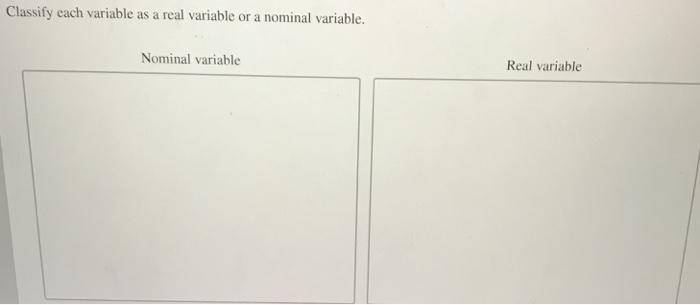 Classify each variable as a real variable or a nominal variable Nominal variable Real variable
