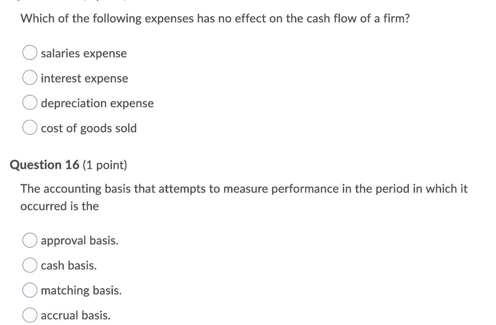 Which of the following expenses has no effect on the cash flow of a firm? O salaries expense O interest expense O depreciatio