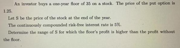 An investor buys a one-year floor of 35 on a stock. The