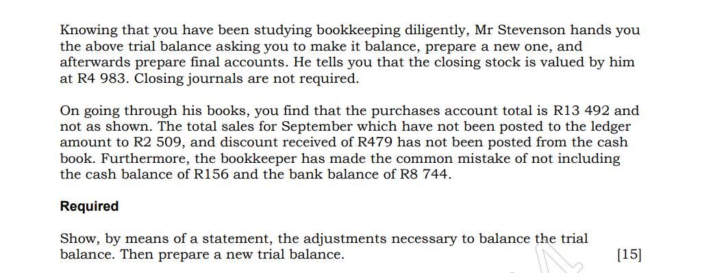 Knowing that you have been studying bookkeeping diligently, Mr Stevenson hands you the above trial balance asking you to make