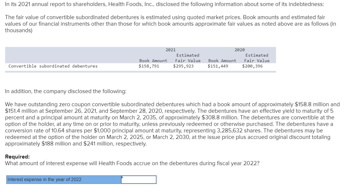In its 2021 annual report to shareholders, Health Foods, Inc., disclosed the following information about some of its indebted