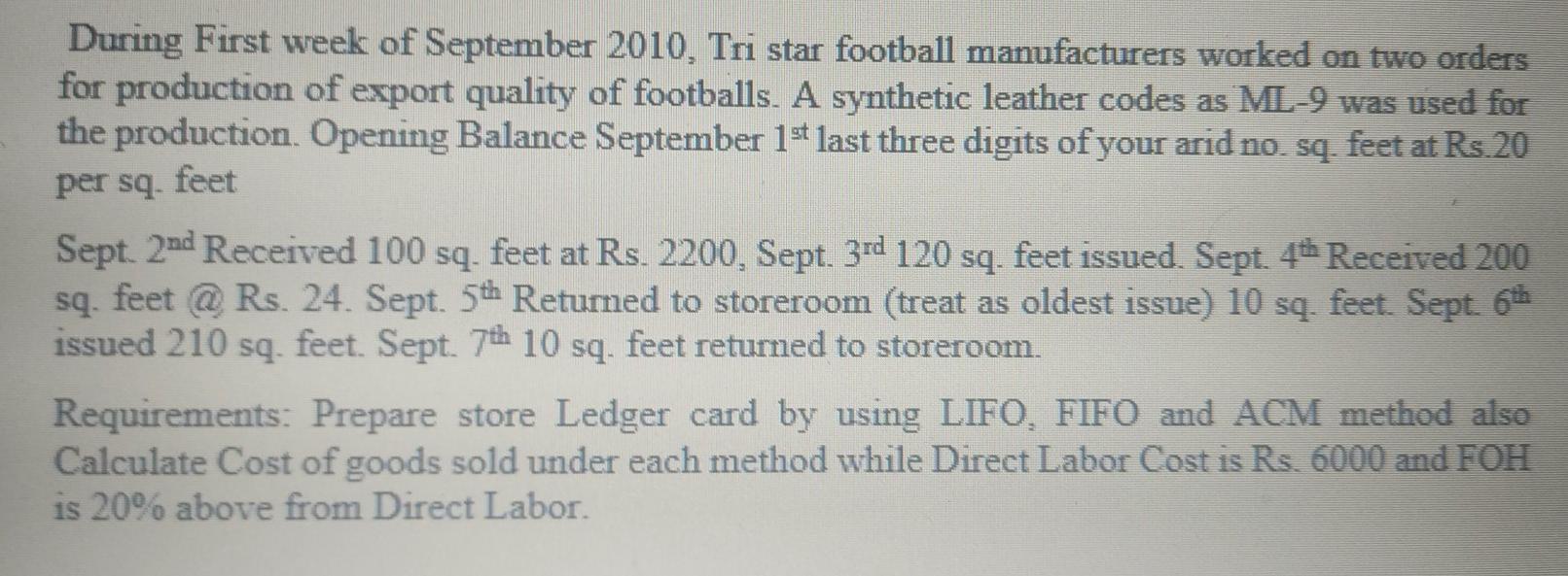 During First week of September 2010, Tri star football manufacturers worked on two orders for production of export quality of