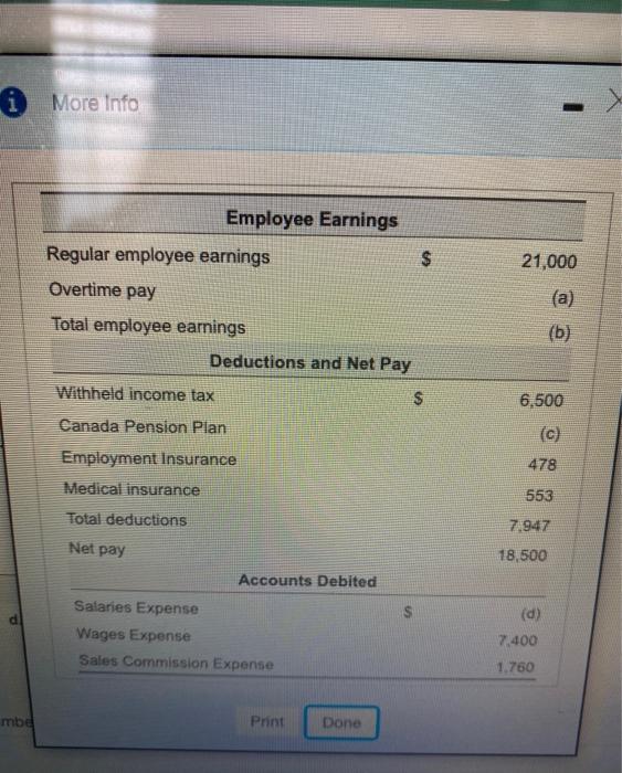i More Info 21,000 Employee Earnings Regular employee earnings $Overtime pay Total employee earnings Deductions and Net Pay