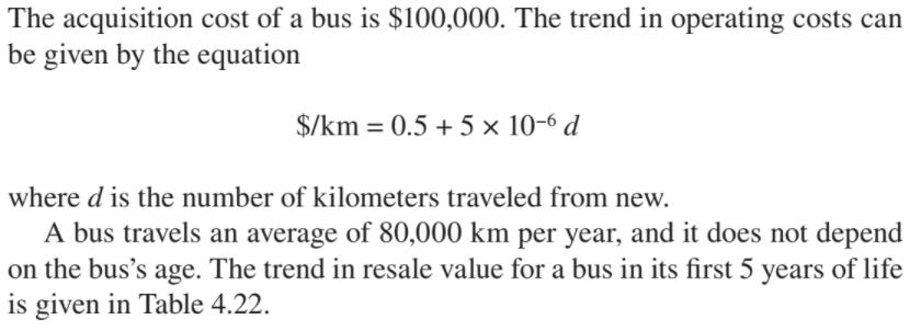 The acquisition cost of a bus is $100,000. The trend in operating costs can be given by the equation S/km = 0.5 + 5 × 10-6 d where d is the number of kilometers traveled from new. A bus travels an average of 80,000 km per year, and it does not depend on the buss age. The trend in resale value for a bus in its first 5 years of life is given in Table 4.22