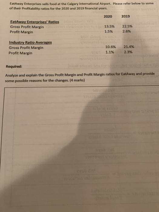 EatAway Enterprises sells food at the Calgary International Airport. Please refer below to some of their Profitability ratios