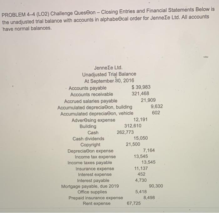 PROBLEM 4-4 (LO2) Challenge Ques@on - Closing Entries and Financial Statements Below is the unadjusted trial balance with acc
