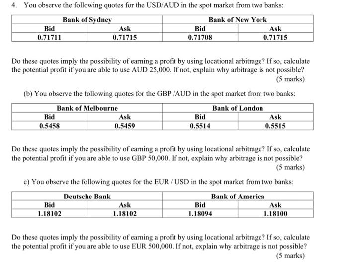 4. You observe the following quotes for the USD AUD in the spot market from two banks: Bank of Sydney Bank of New York Bid As