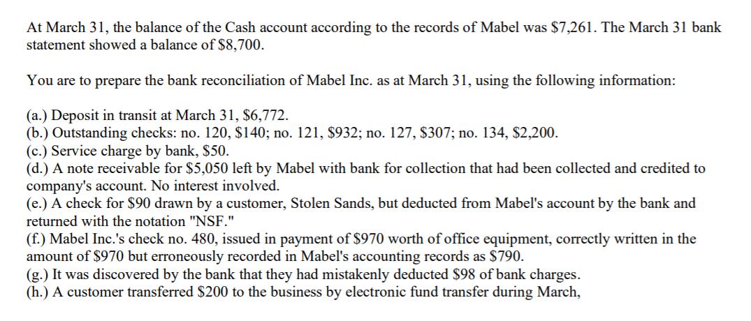 At March 31, the balance of the Cash account according to the records of Mabel was $7,261. The March 31 bank statement showed